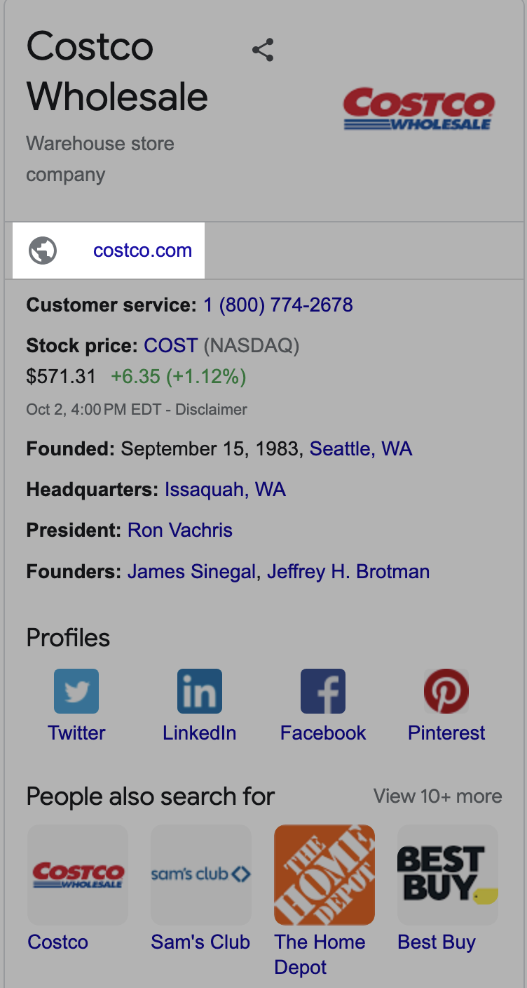 "costco.com" link highlighted in the Costco's knowledge panel