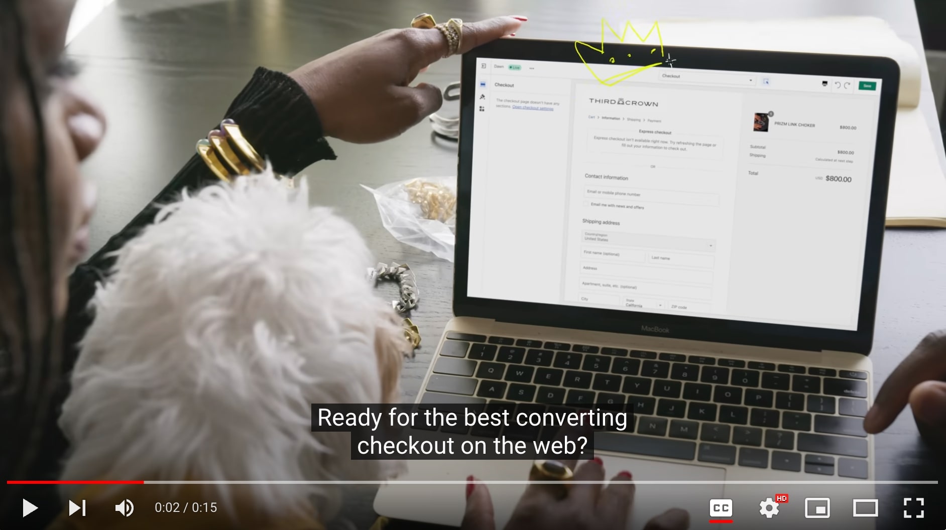 Shopify's video ad begins with “Ready for the best-converting checkout on the web?” message