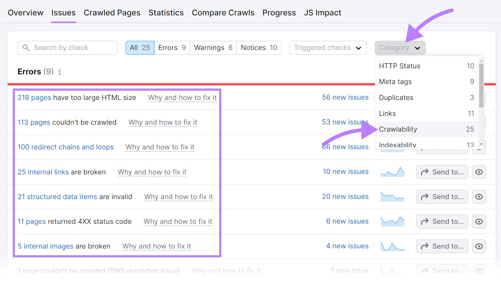 “Crawlability” selected from the “Category” drop-down menu in Site Audit