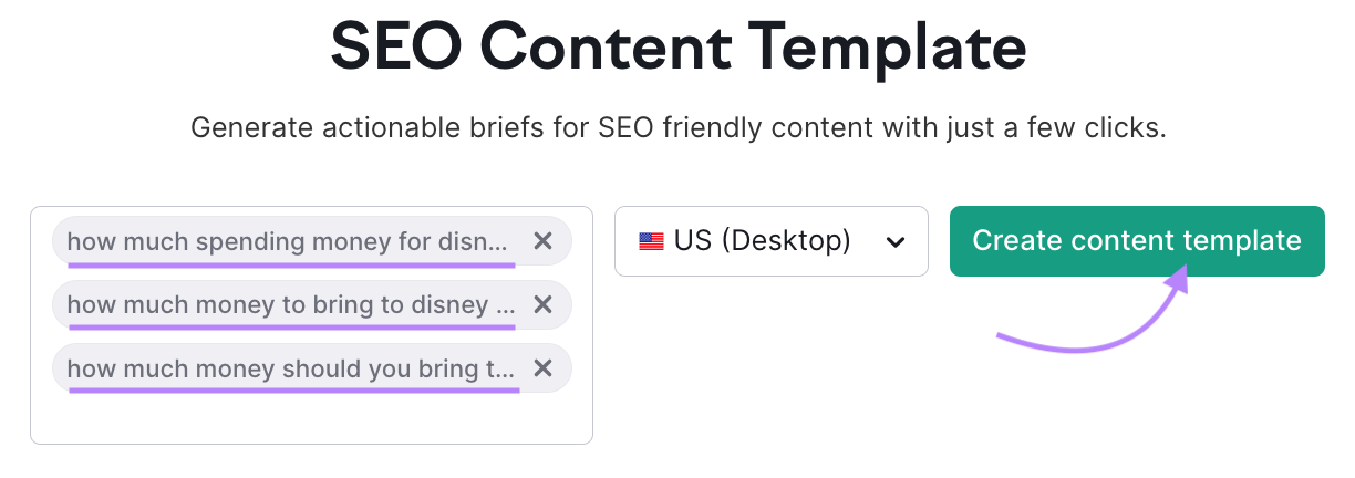 Semrush’s SEO Content Template tool with target keywords in the search bar and arrow pointing to “Create content template” button