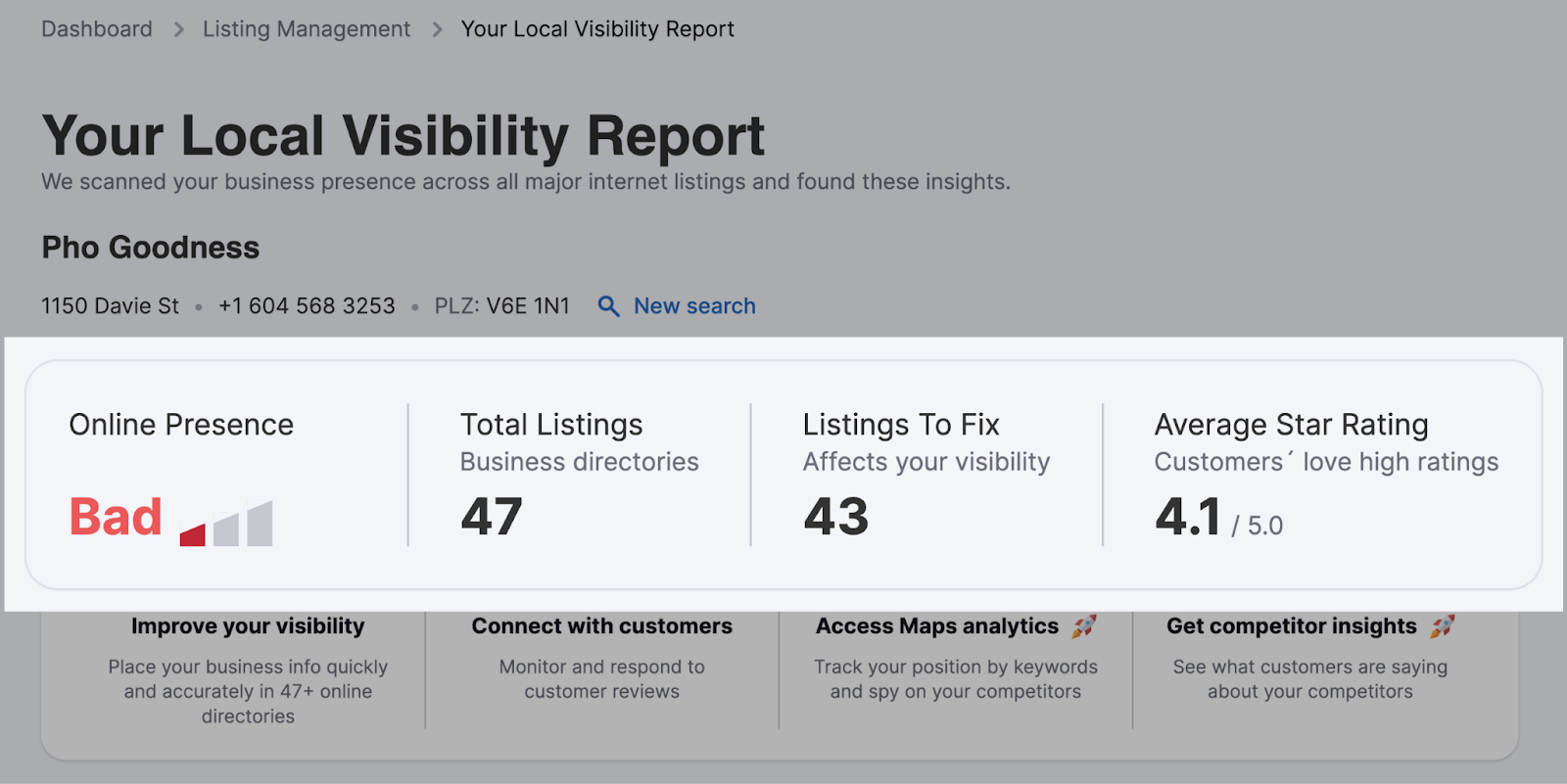 “Online Presence” score, “Total Listings,” “Listings to Fix,” and “Average Star Rating"