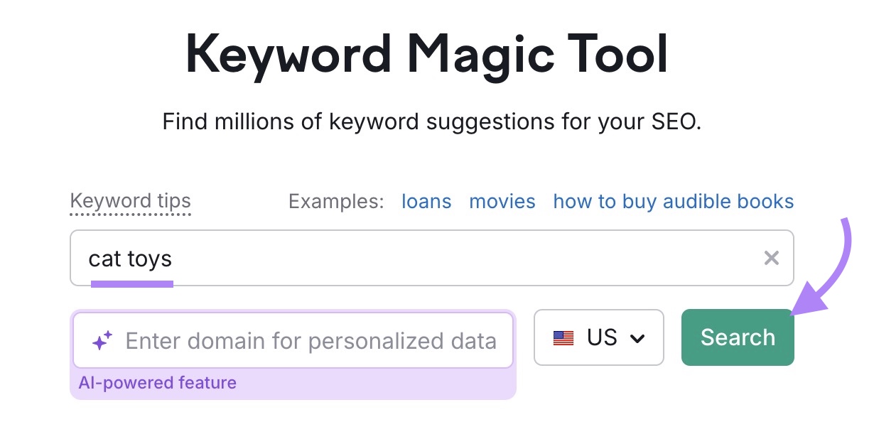 Keyword Magic Tool start with "cat toys" entered and "Search" clicked.