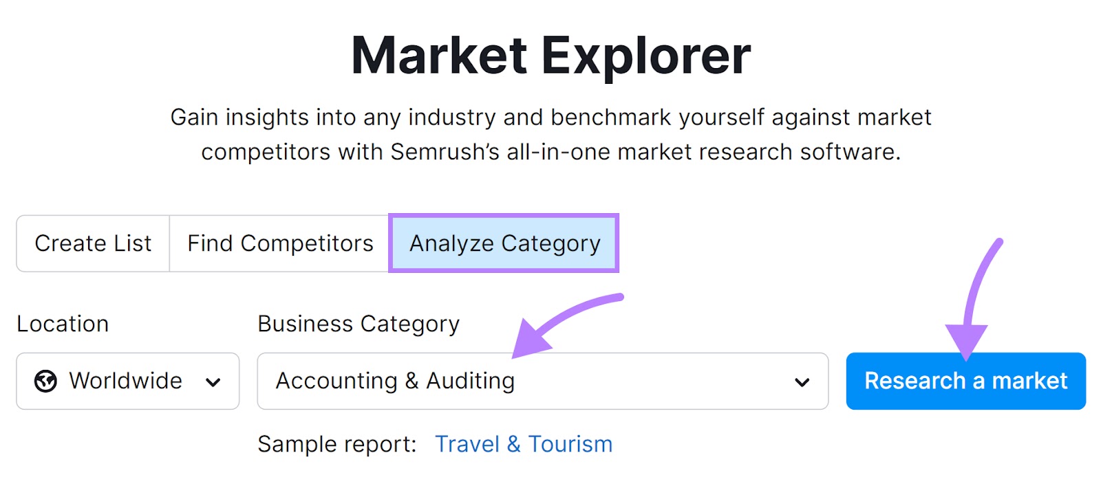 “Analyze Category” tab selected for "Accounting & Auditing" business category in Market Explorer tool