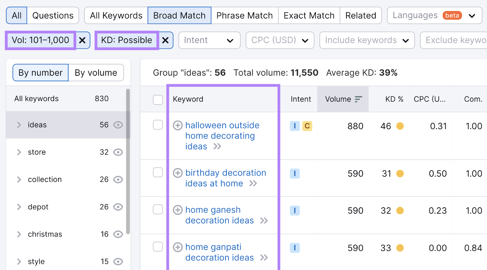 "Volume," and "KD%" filters in Keyword Magic Tool