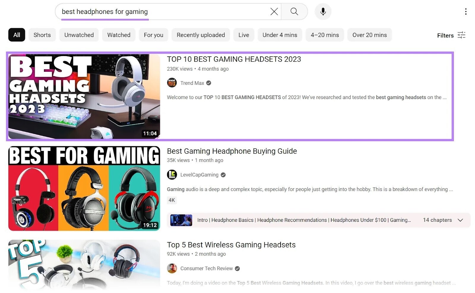 YouTube results for "best headphones for gaming"