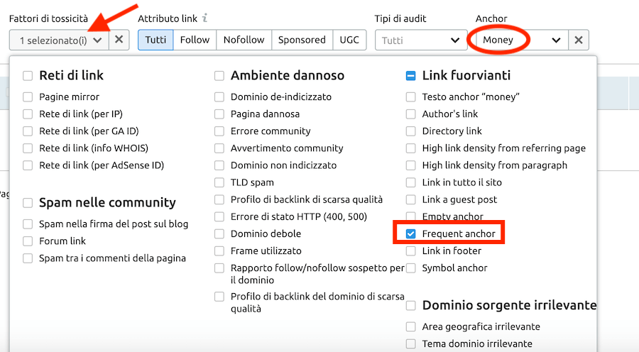 filtro di tossicità per ancore di tipo money