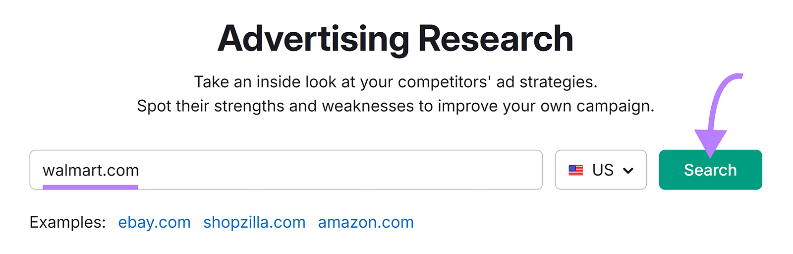 Advertising Research commencement  with domain entered and arrow pointing to 'Search' button