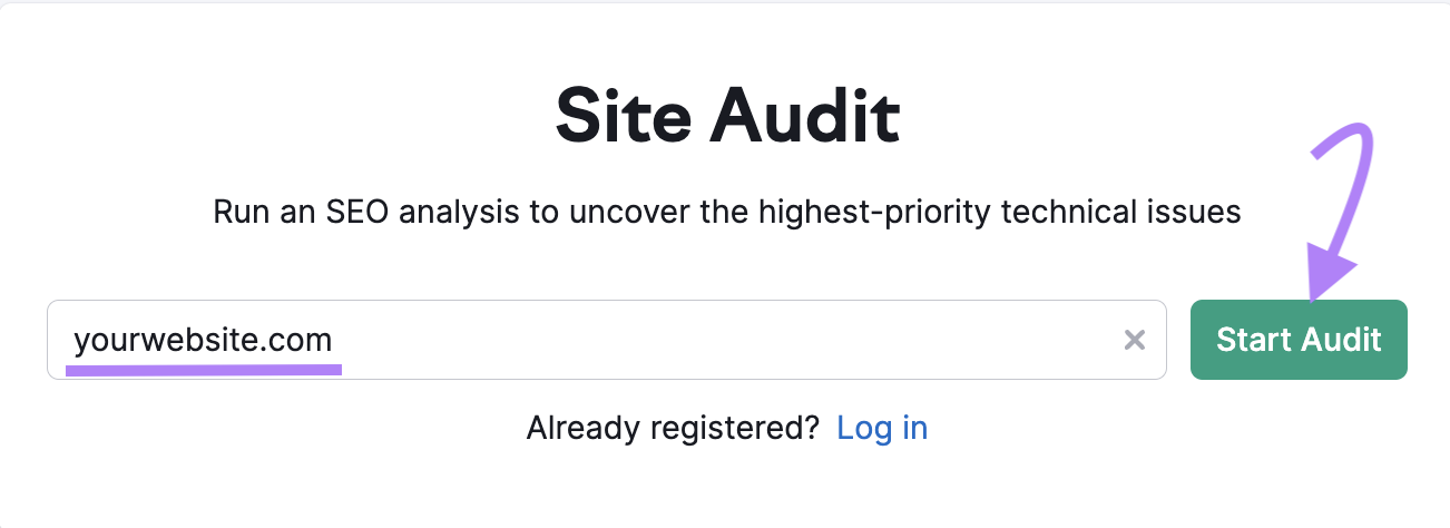 "yourwebsite.com" entered into the Site Audit tool search bar