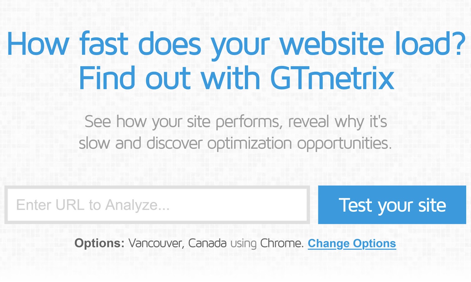 GTmetrix website velocity  trial  instrumentality   with a hunt  container  to participate  a URL and a bluish  "Test your site" button.