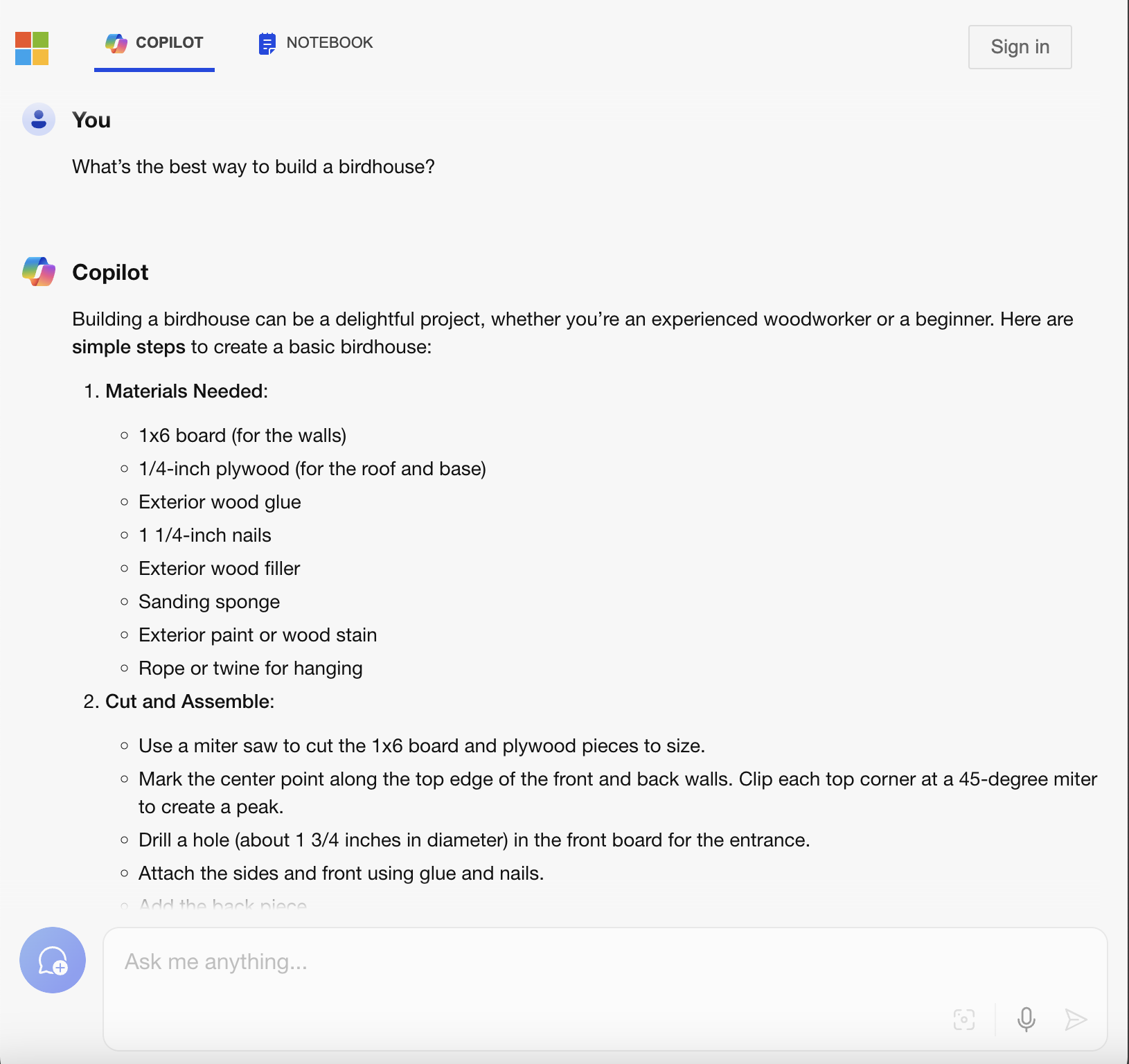 Microsoft Copilot answering the question what's the best way to build a birdhouse