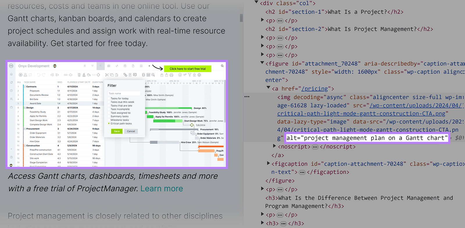 Image and its alt text highlighted inside inspected page code