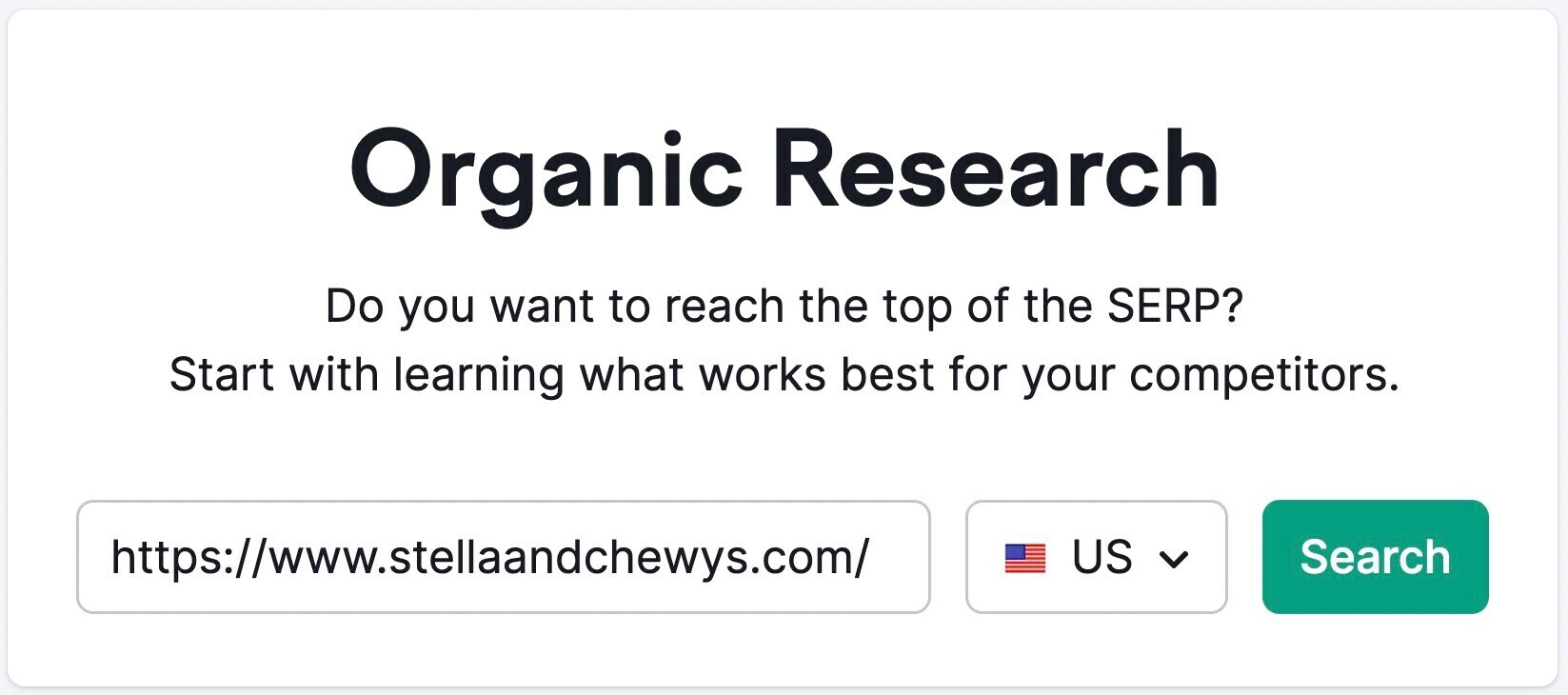 Organic Research tool with "https://www.stellaandchewys.com/" in the search bar