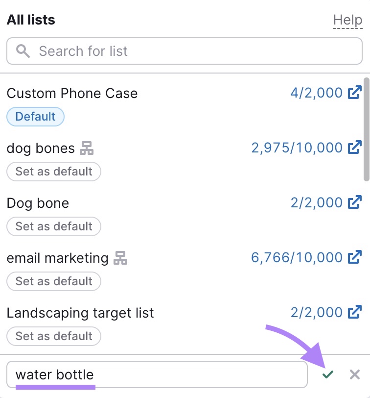 "water bottle" entered in the bottom field and the tick mark next to it marked with a purple arrow