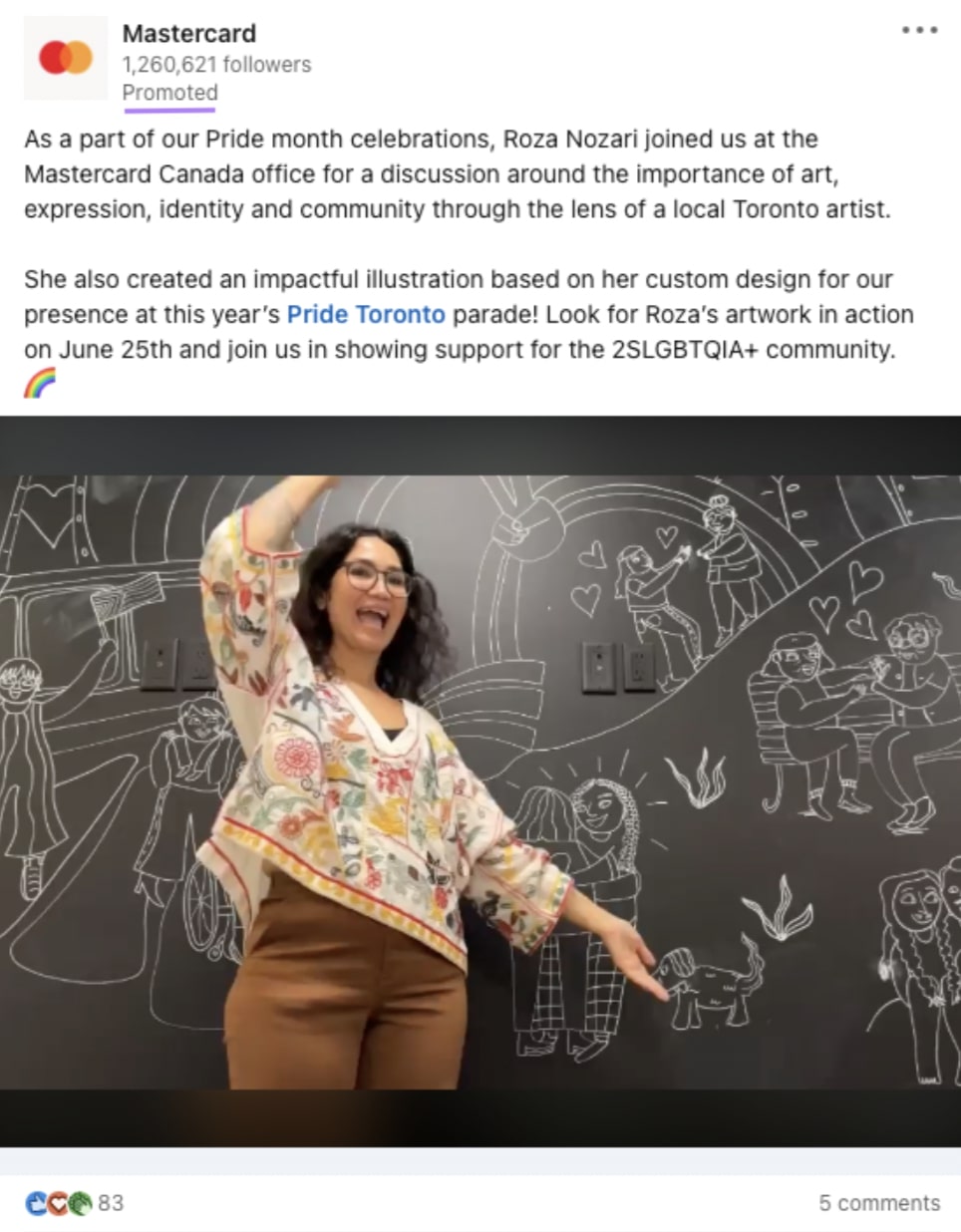 LinkedIn Pride month sponsored post from Mastercard with a woman in front of a chalkboard