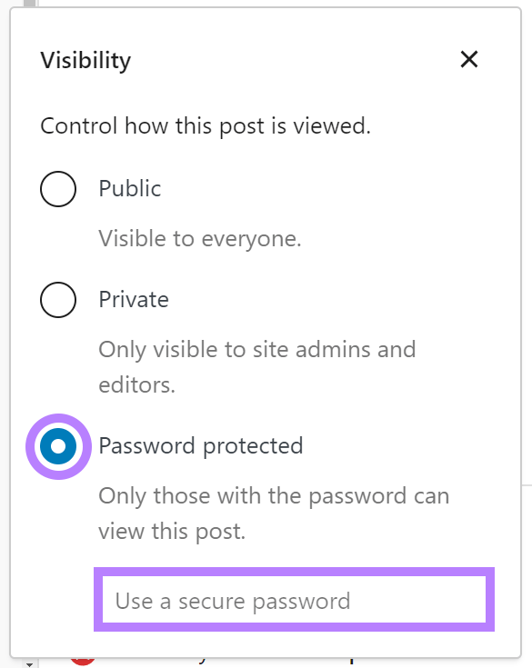 WordPress page visibility options showing space to enter a password for password protection.
