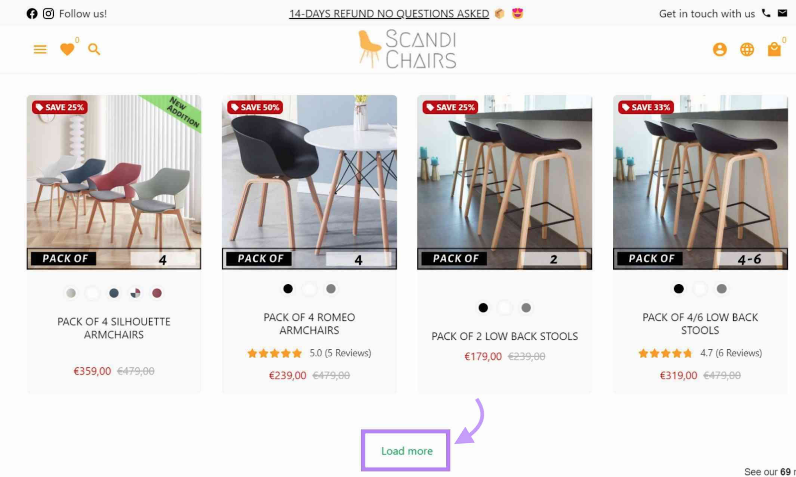 “Load more” button highlighted on the Scandi Chairs page
