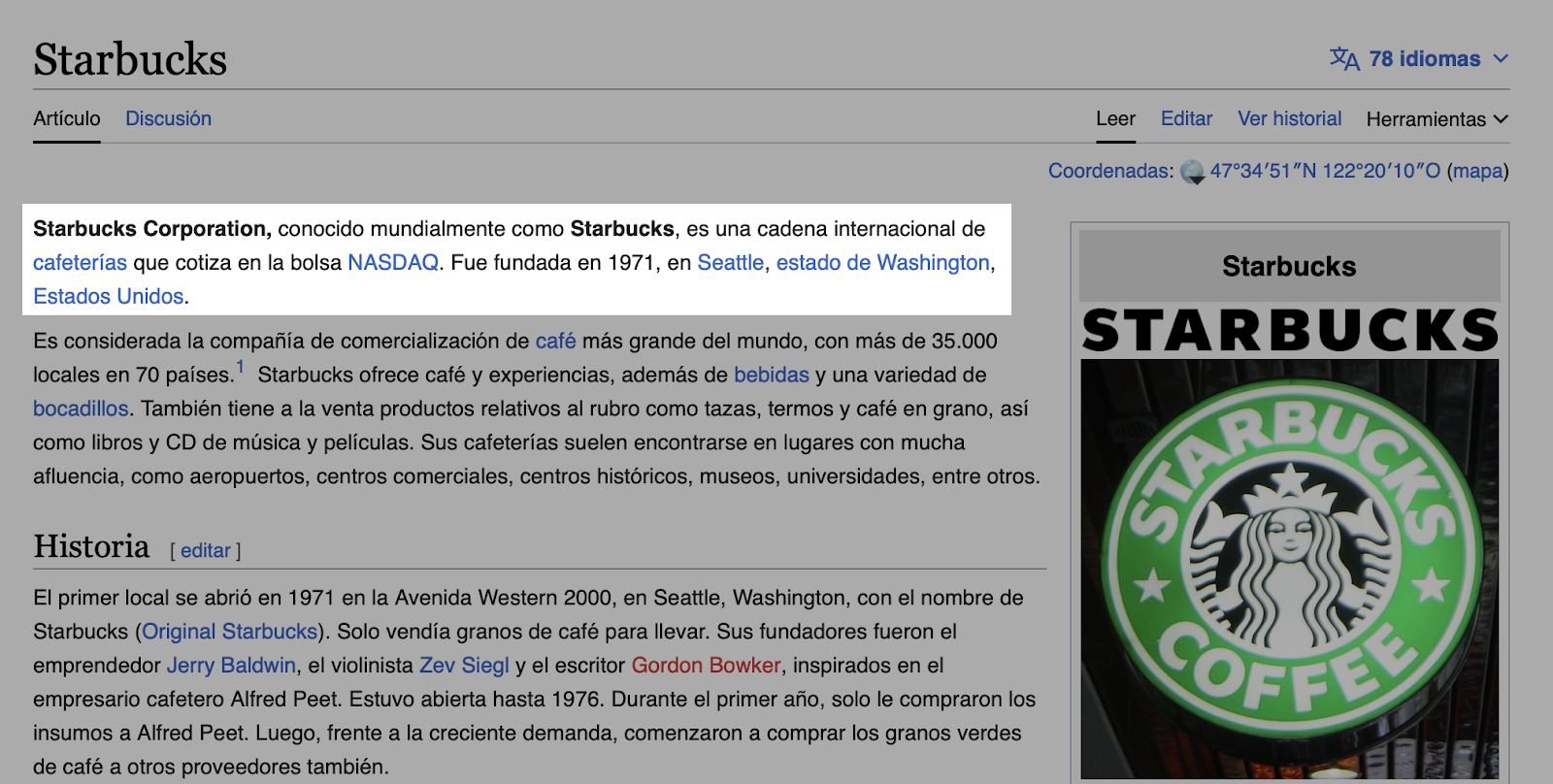 Artículo de Wikipedia sobre Starbucks