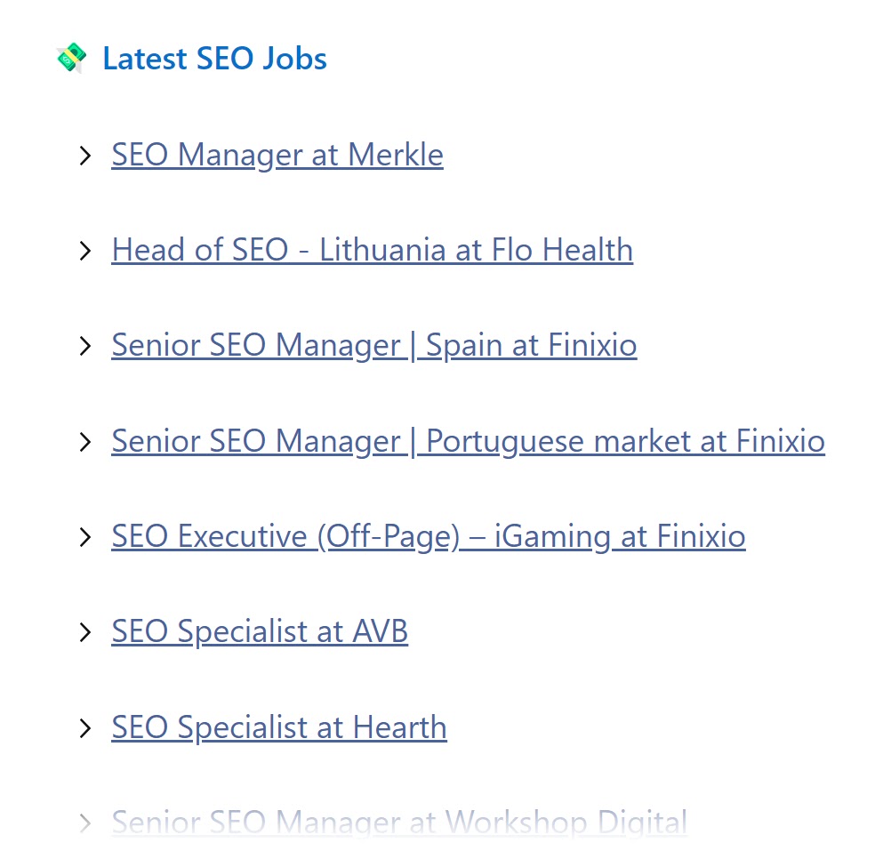 "Latest SEO Jobs" section of #SEOFOMO newsletter