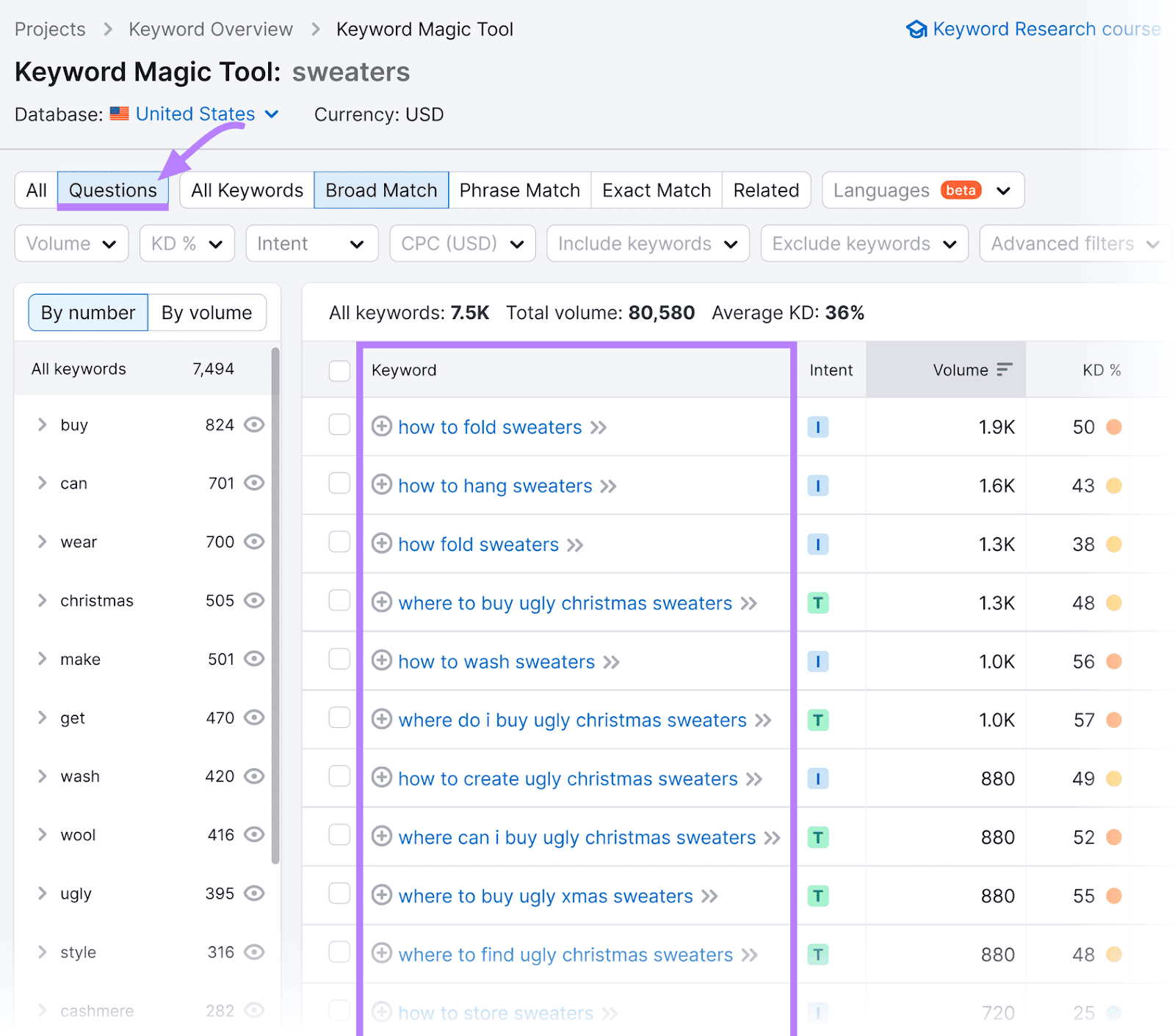 "Questions" keywords related to "sweaters" in Keyword Magic Tool