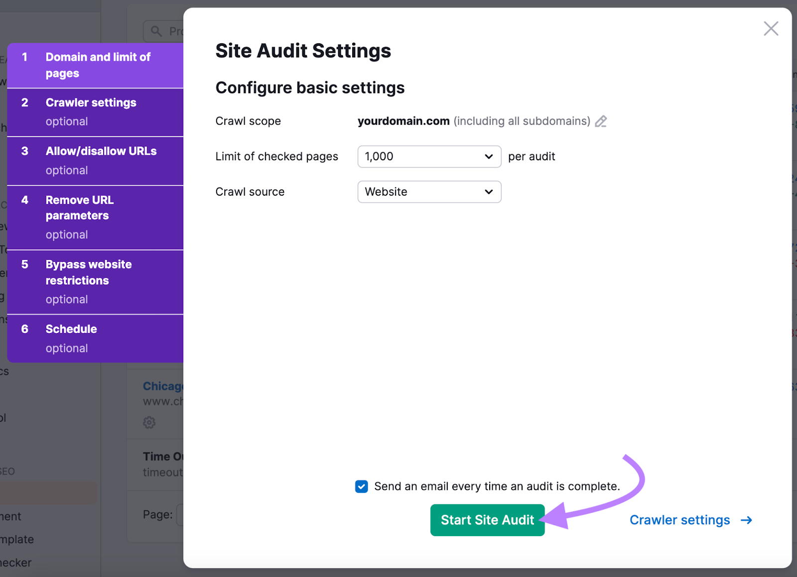 Site Audit Settings on Semrush with "Start Site Audit" clicked.