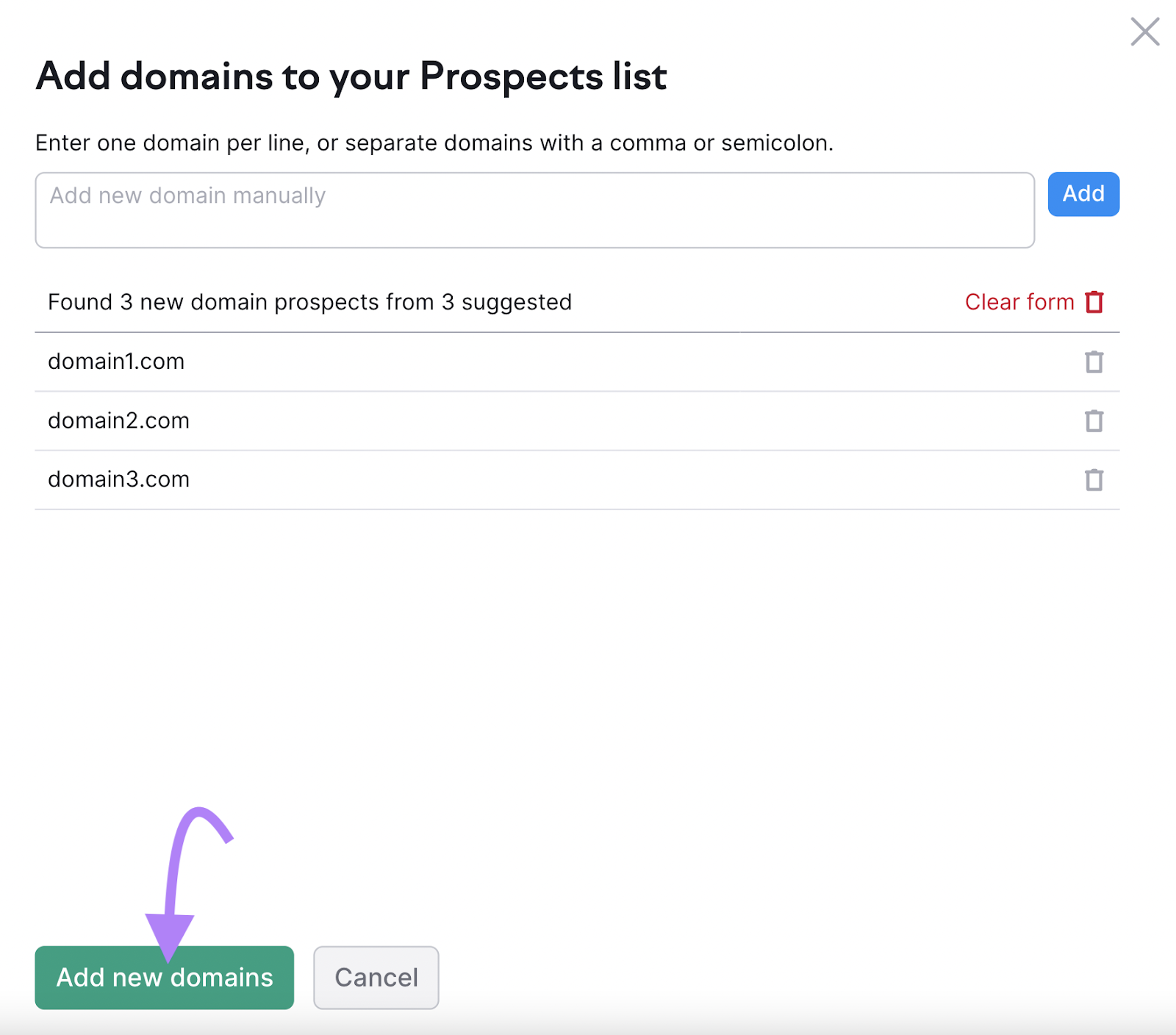 "Add domains to your Prospects list" window in Link Building Tool