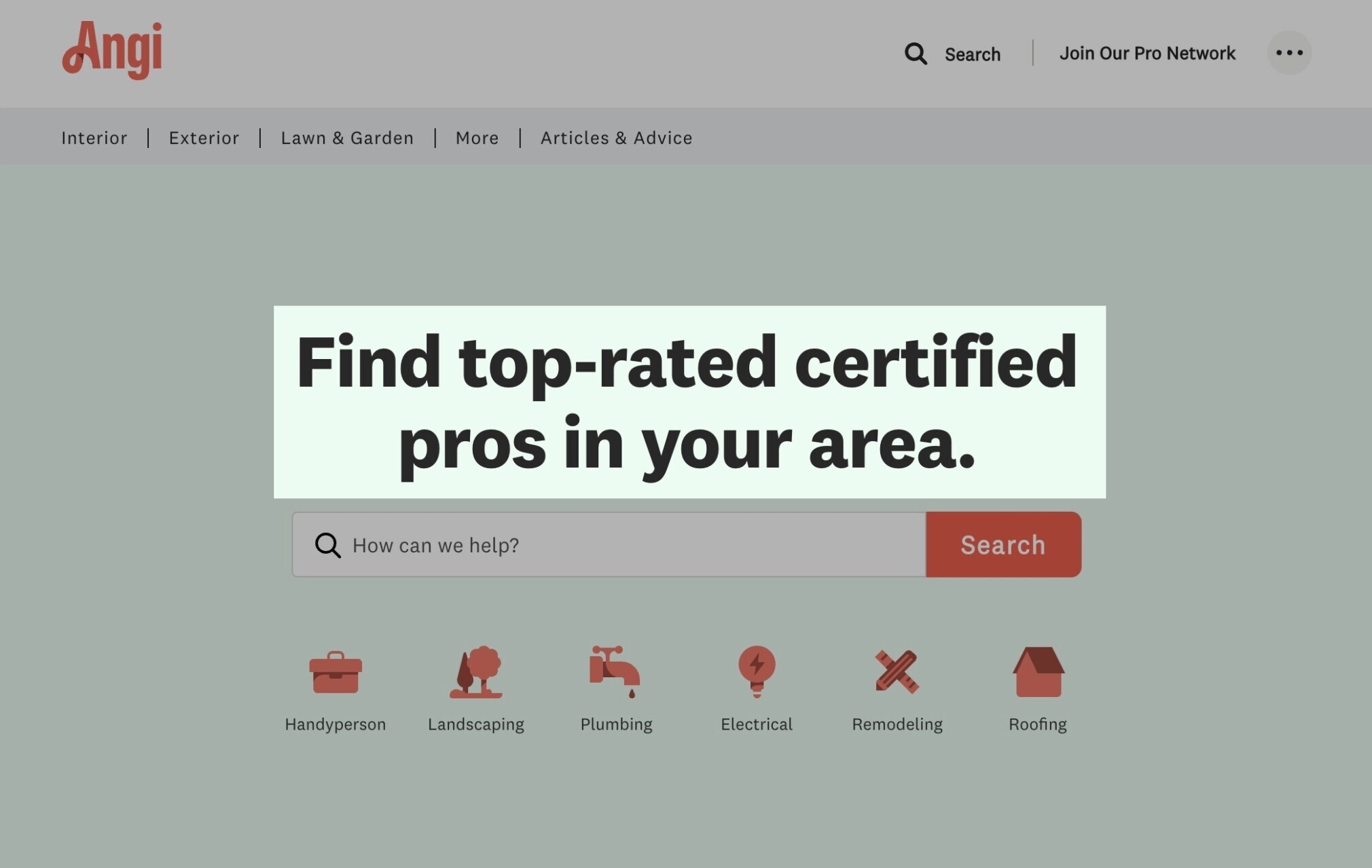 Angi's landing page with the headline: "Find top-rated certified pros in your area."