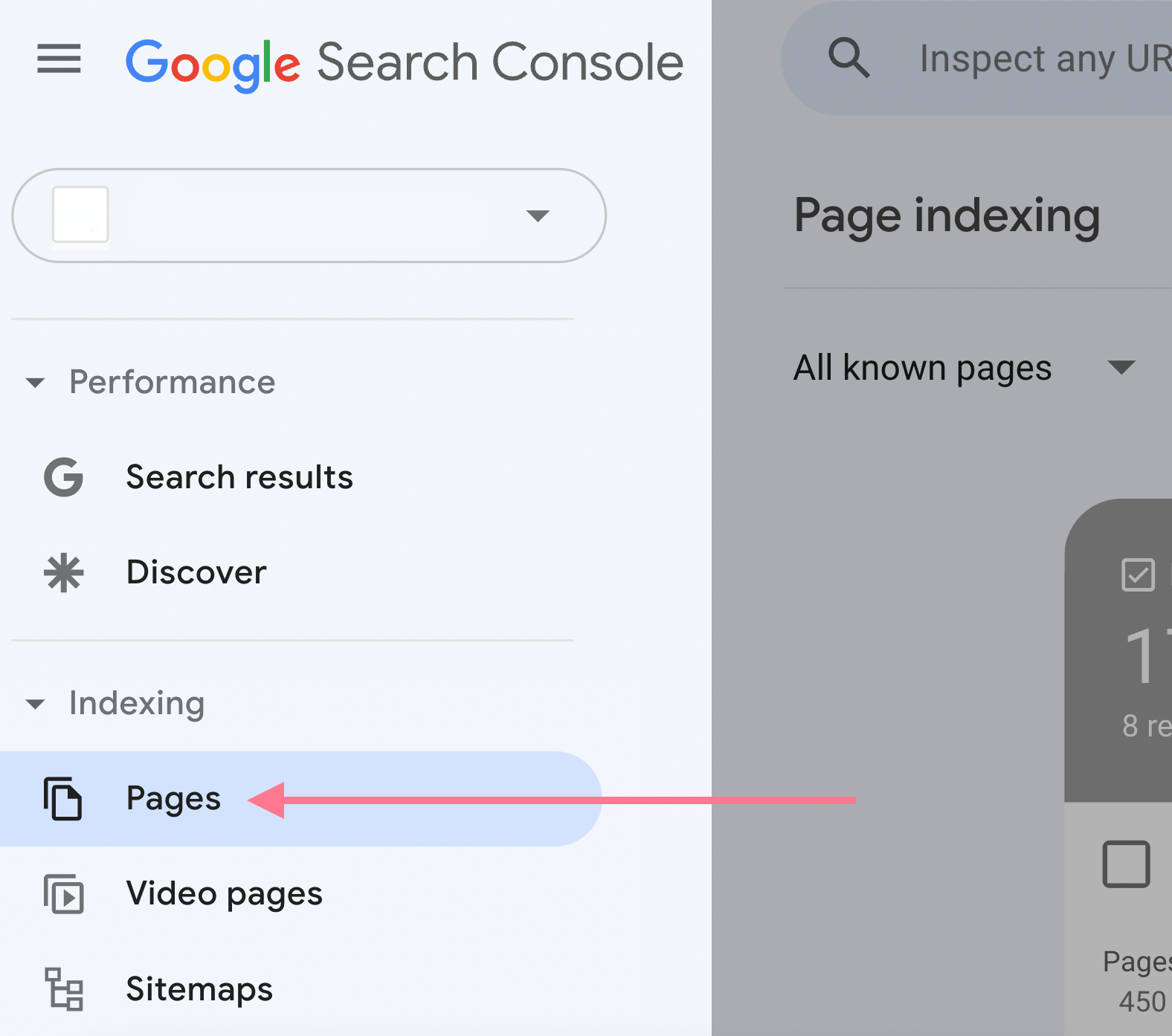 The navigational drawer of the Google Search Console with the "Pages" tab highlighted