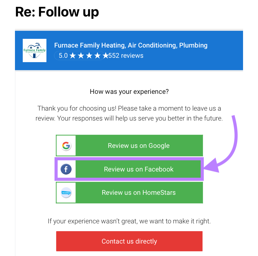 follow up email asks to "review us on facebook"