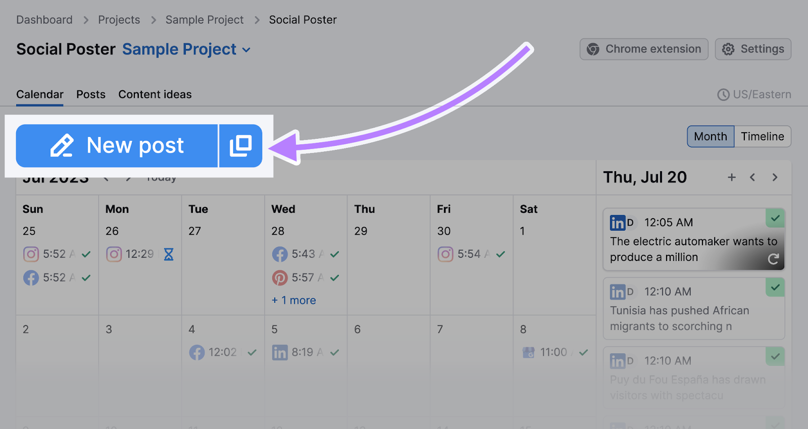 “New post” button highlighted in Semrush’s Social Poster