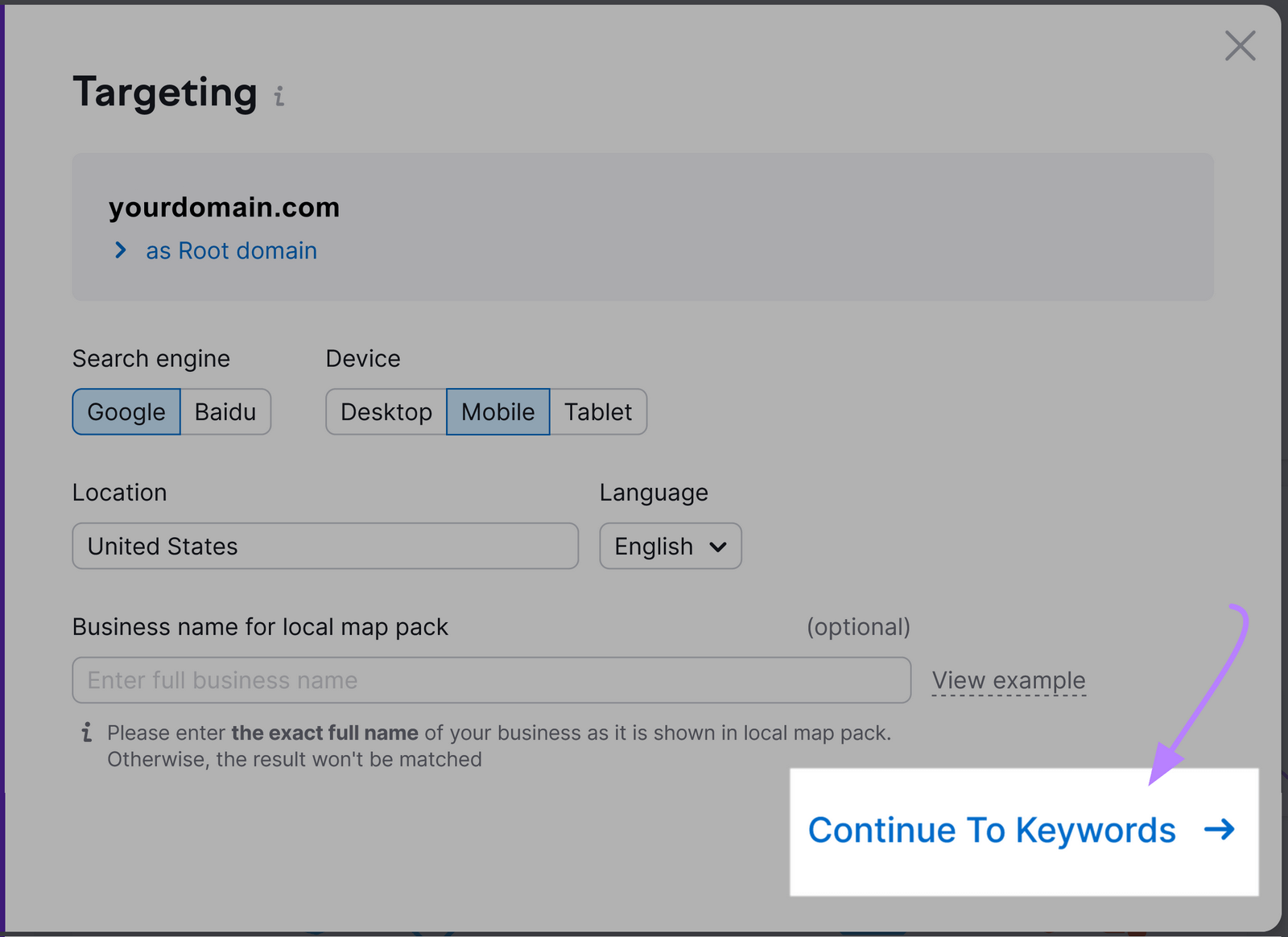 “Continue To Keywords” button highlighted