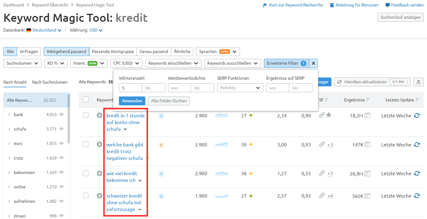 Wortanzahl-Filter im Keyword Magic Tool