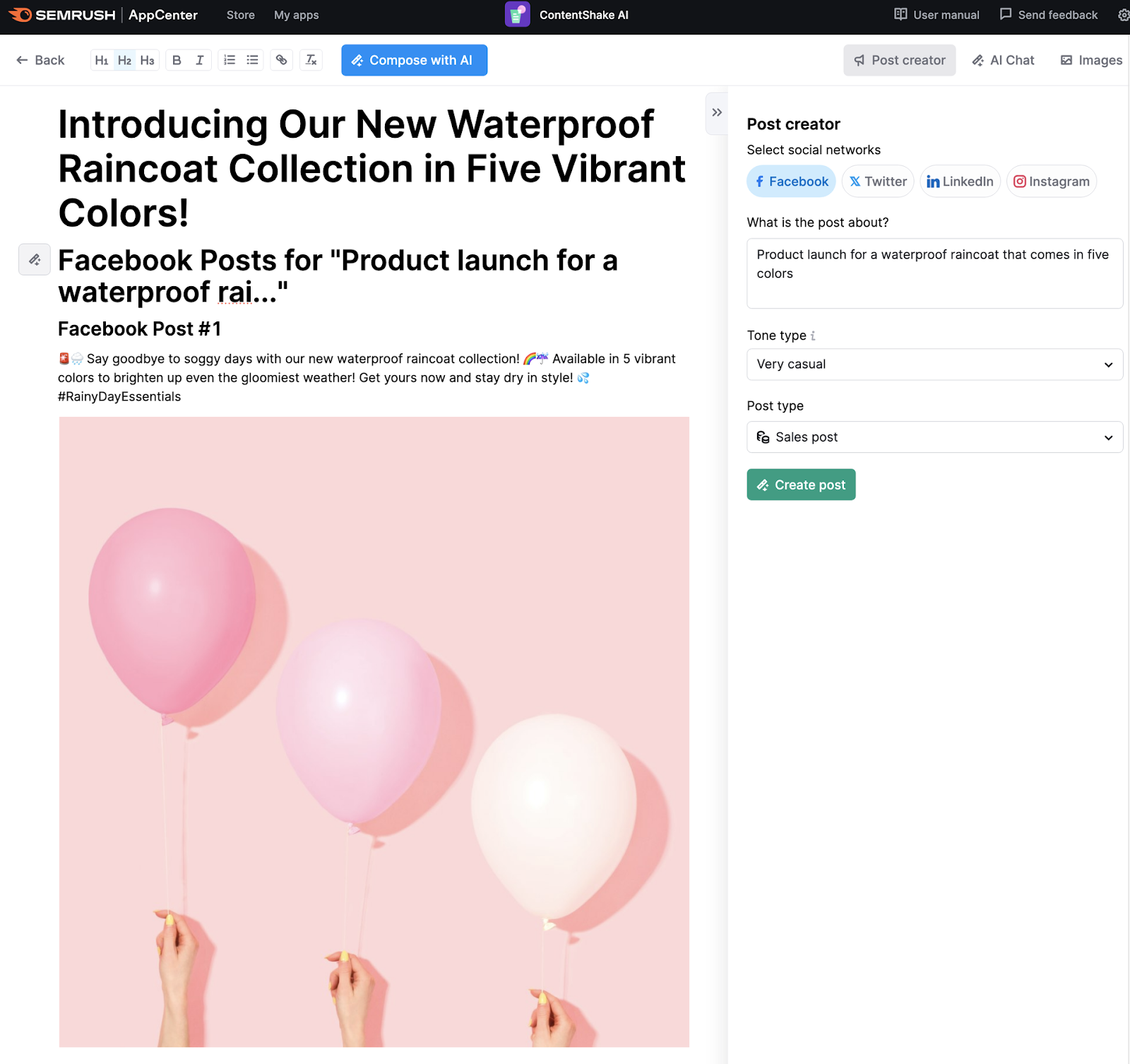 ContentShake AI interface showing a draft Facebook post for a waterproof raincoat collection with an image of three balloons