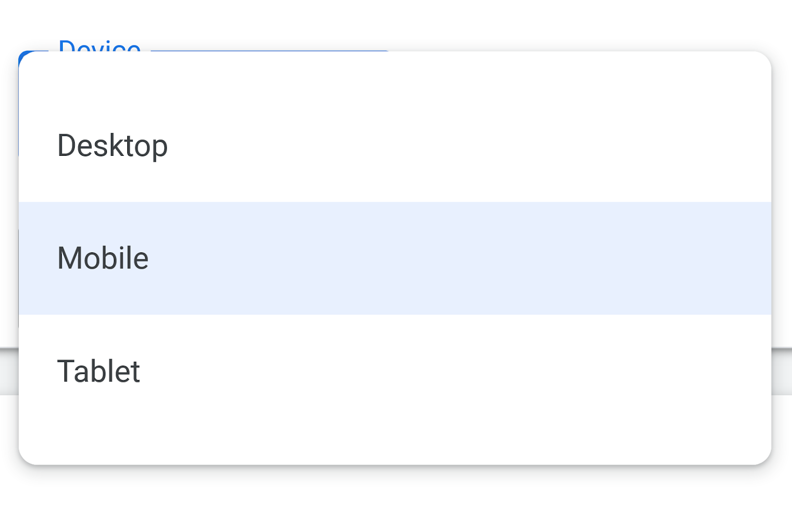 A device drop-down menu dispplaying the options "Desktop," "Mobile," and "Tablet."