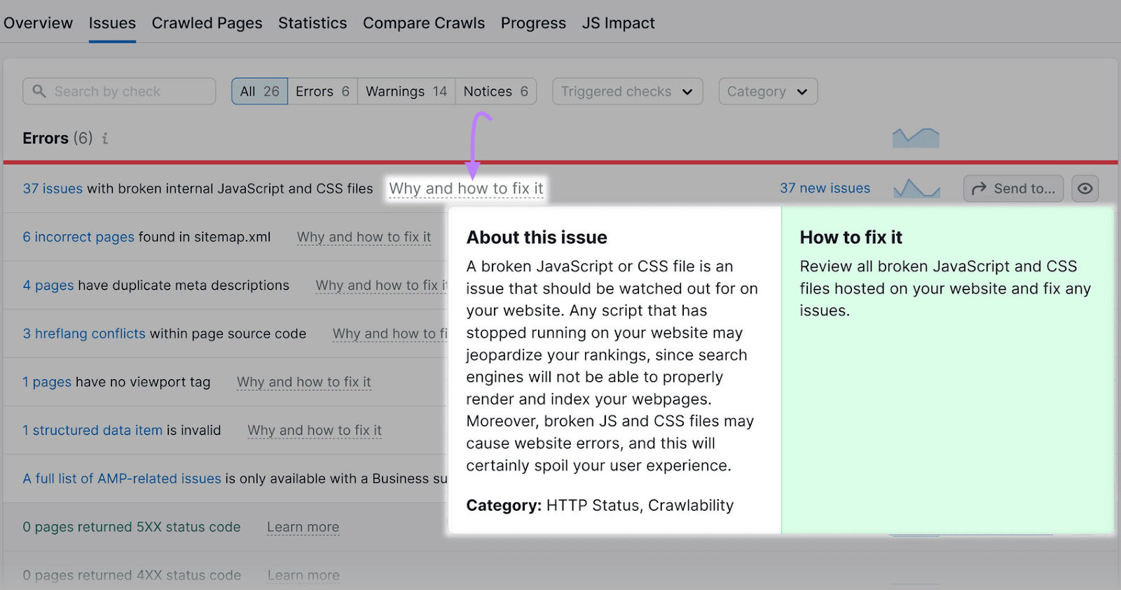 A guia Problemas de auditoria do site com um link "Por que e como corrigi-lo" foi clicada e expandida.