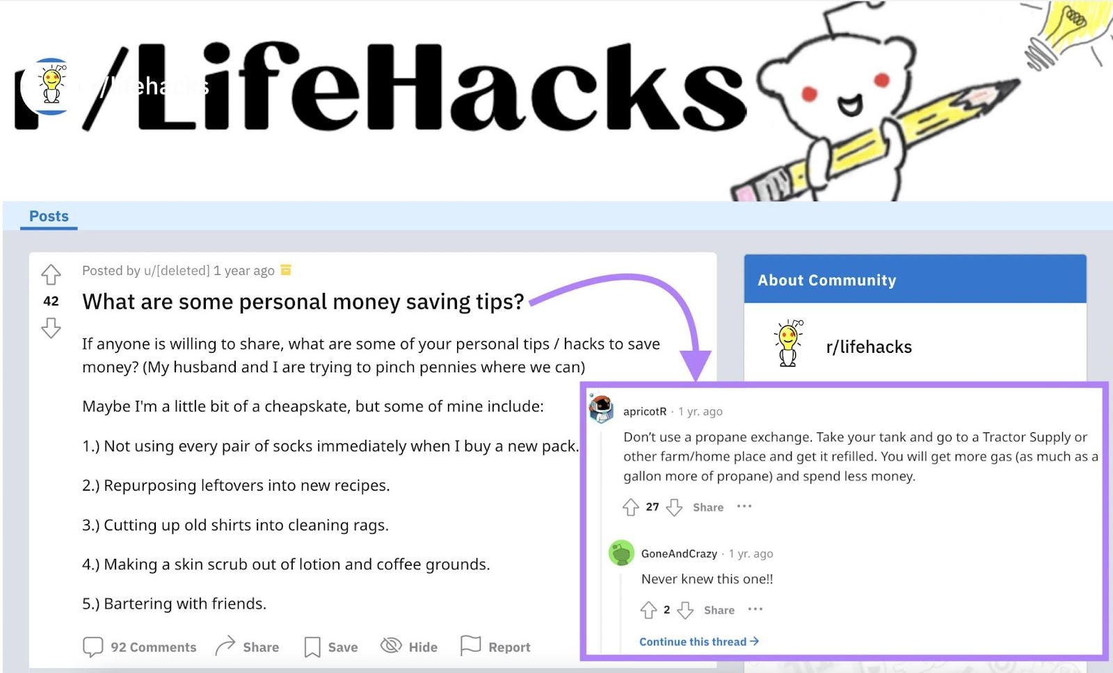 Reddit post about saving money includes real-life examples from peers, another form of EEAT