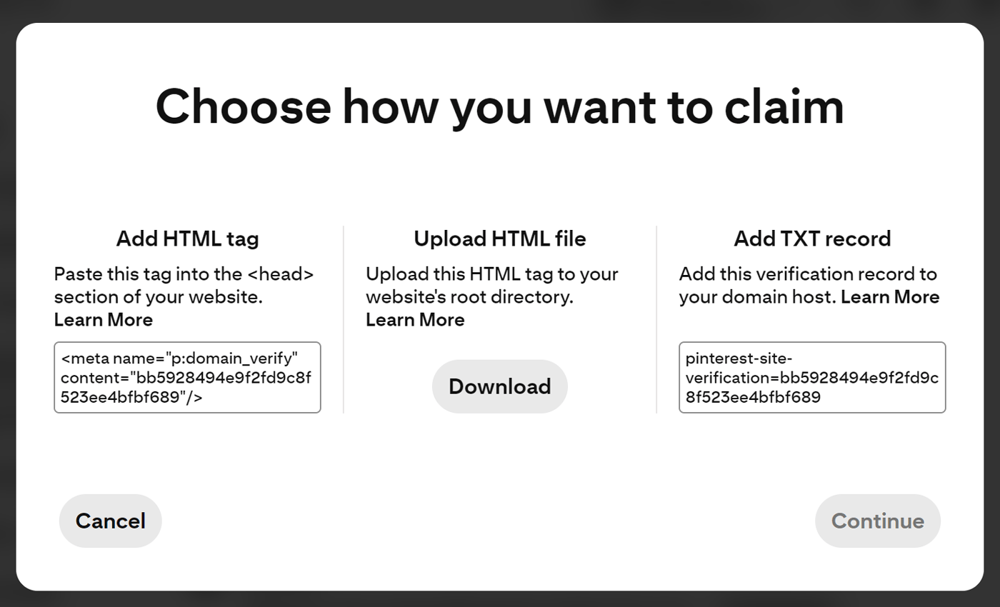 Overview of the three different methods to claim a website for a Pinterest account, which are through adding an HTML tag, uploading an HTML file, or adding a TXT record.