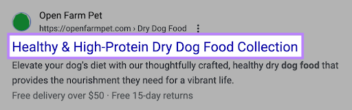 "Healthy & High-Protein Dry  Food Collection" title tag highlighted on search results