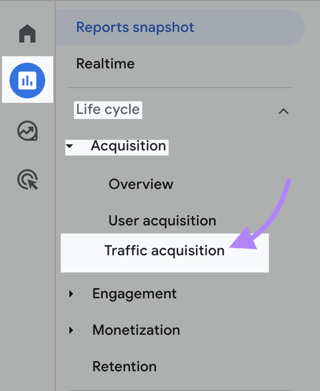 Navigating to “Traffic acquisition” in GA4 menu