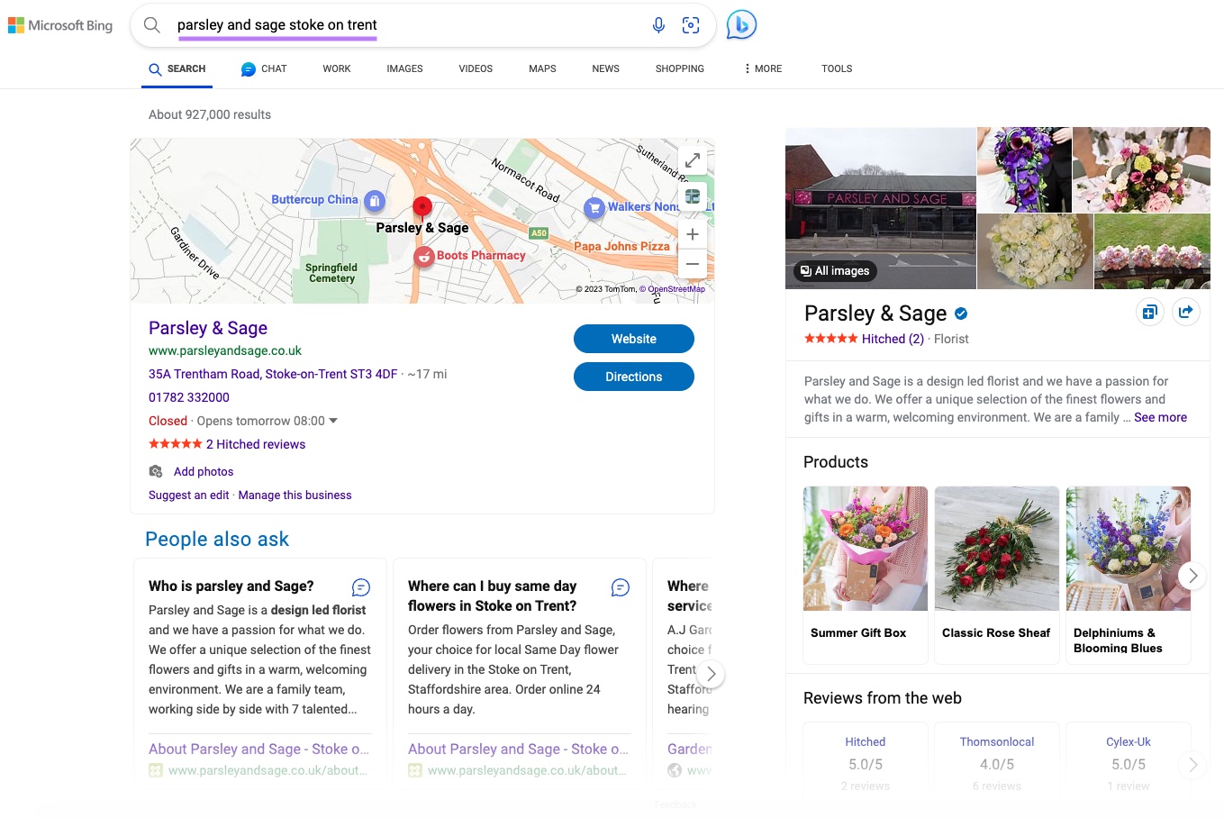Parsley & Sage on Bing search results and Maps