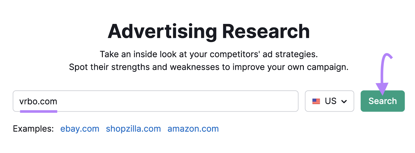 "vrbo.com" entered into the Advertising Research tool search bar