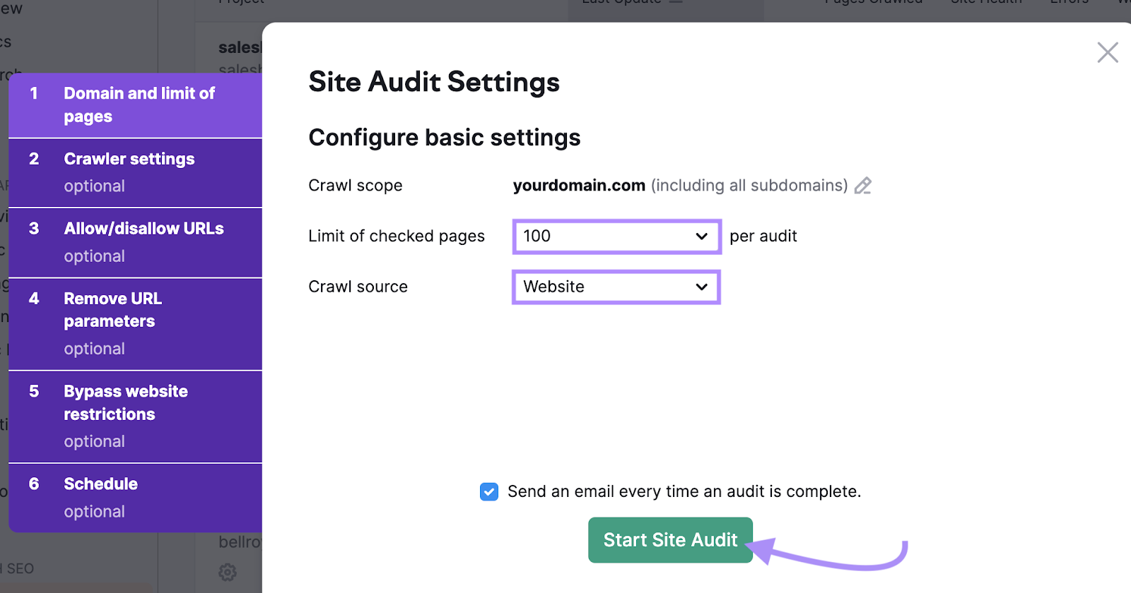 Configurações da ferramenta Auditoria do site