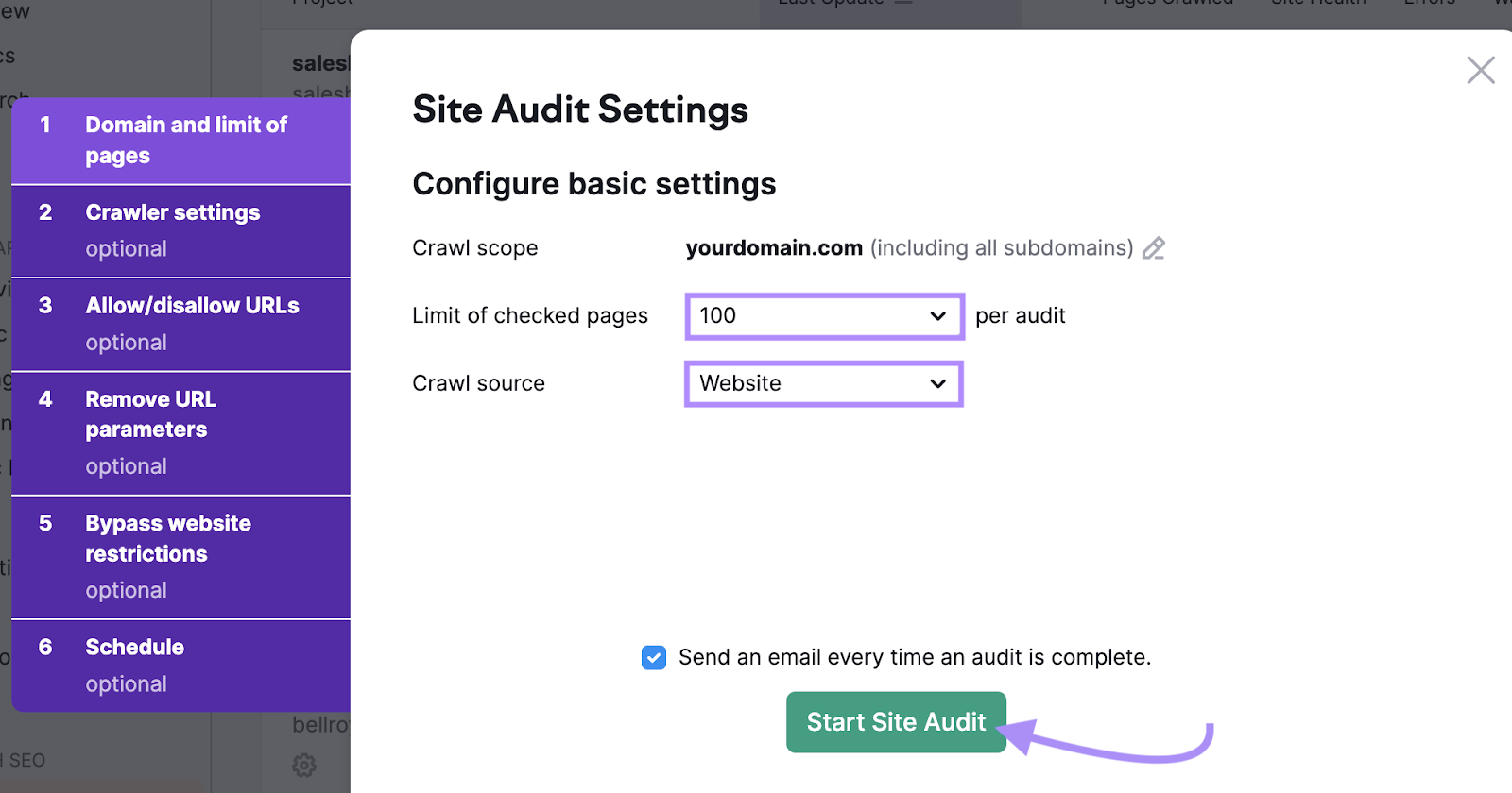 Site Audit instrumentality   settings
