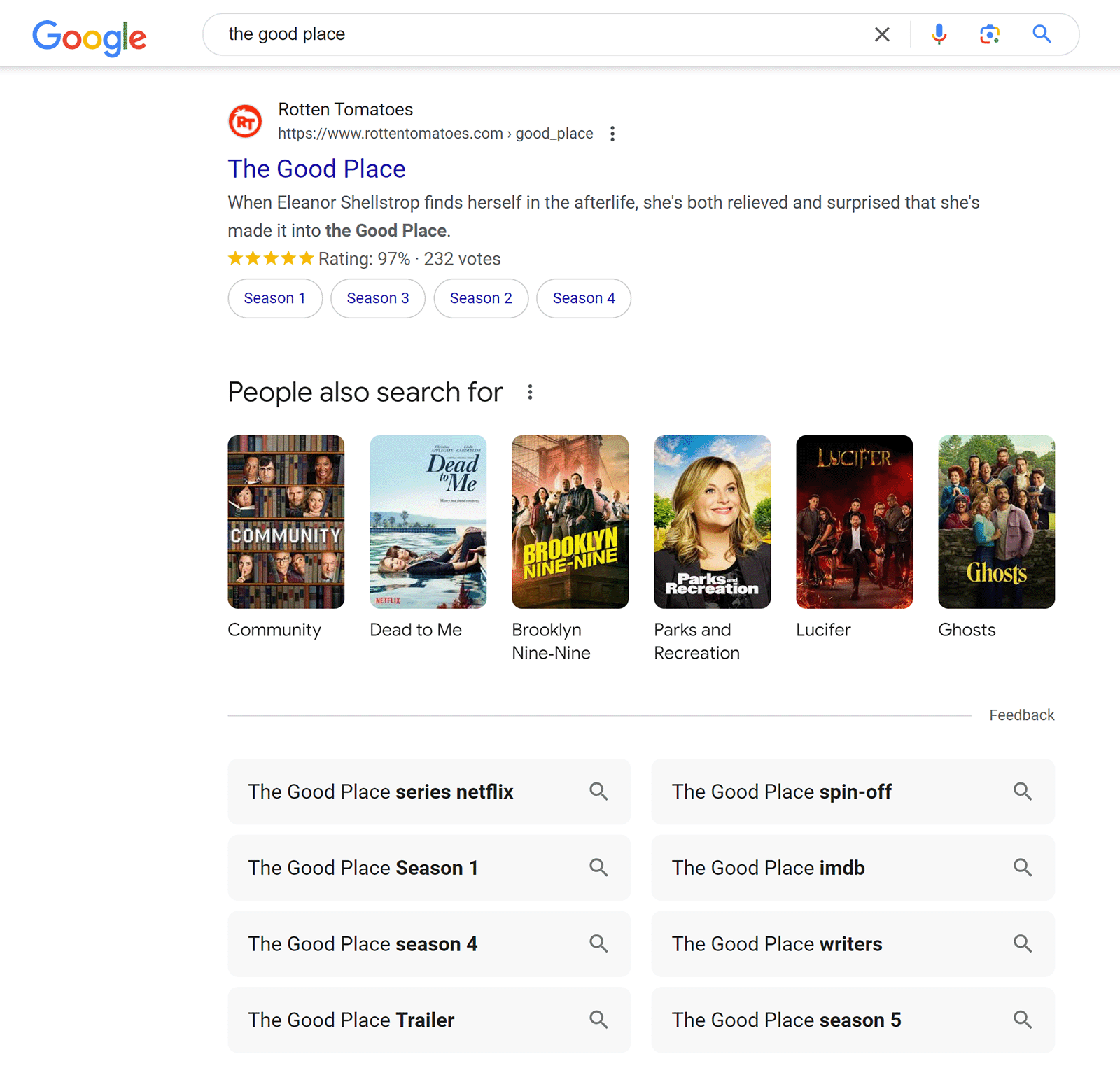 People also search for section showing related shows and searches for 'the good place' search query