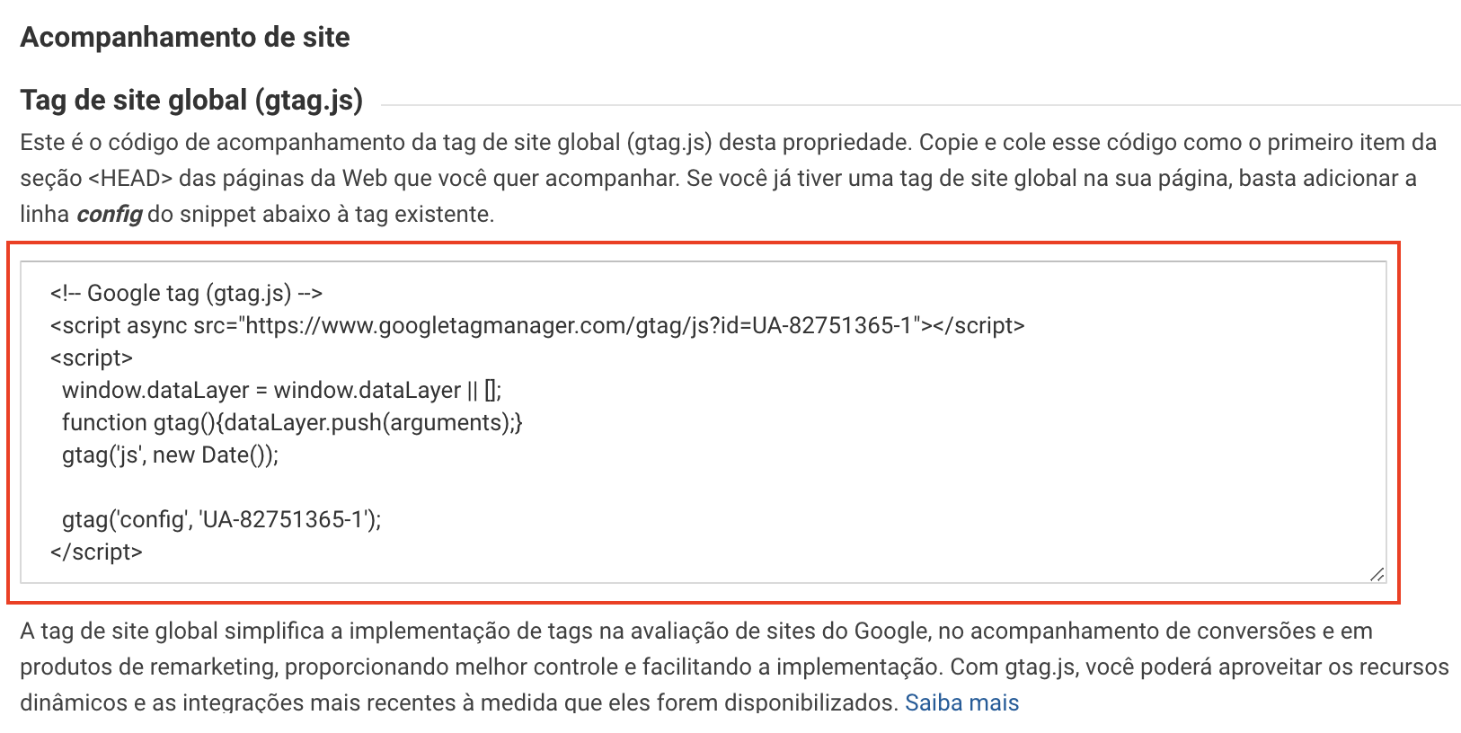 código na sua conta do Universal Analytics