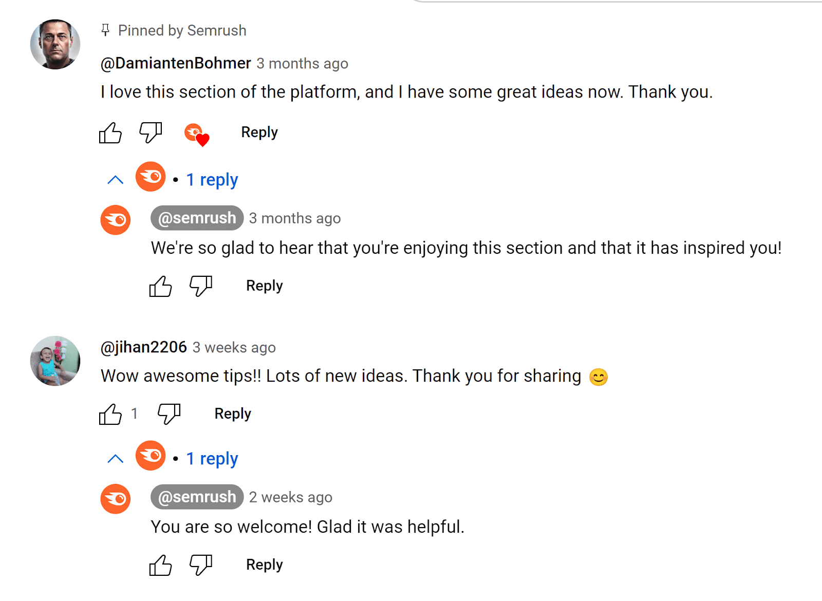 Replies to comments on Semrush YouTube video by Semrush.