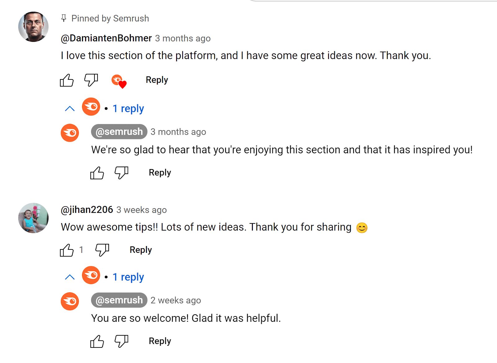 Replies to comments connected  Semrush YouTube video by Semrush.