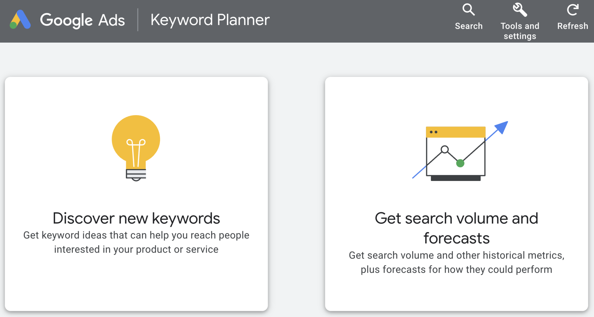 google keyword planner dashboard options