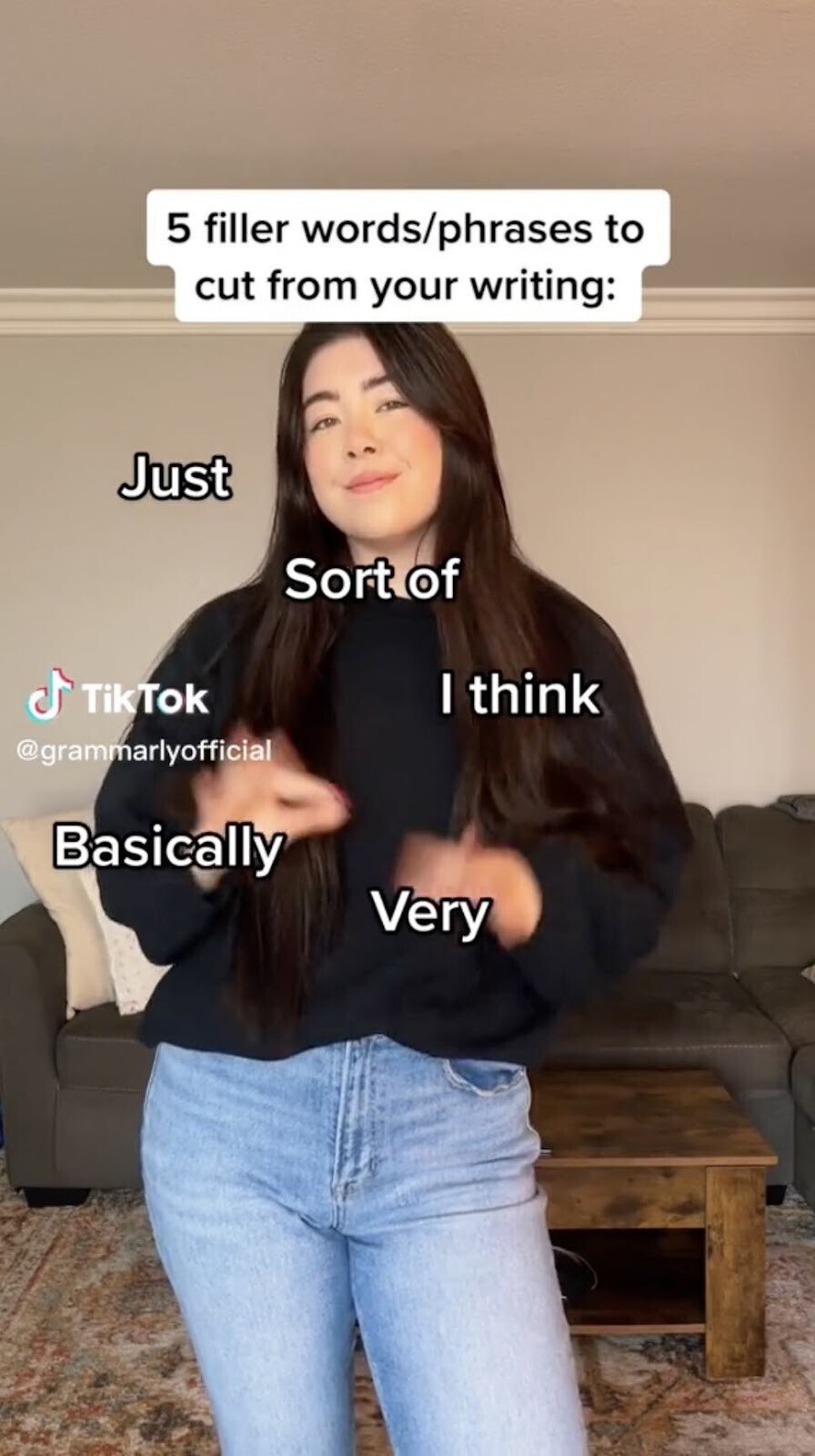 TikTok video by Grammarly teaching users about common filler phrases writers should avoid