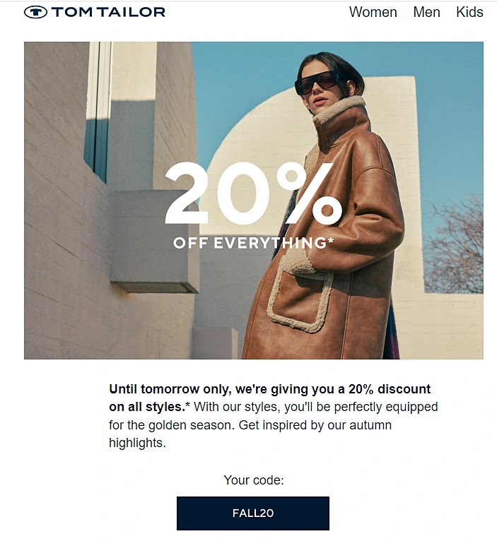 Tom Tailor's email offering a code for 20% off