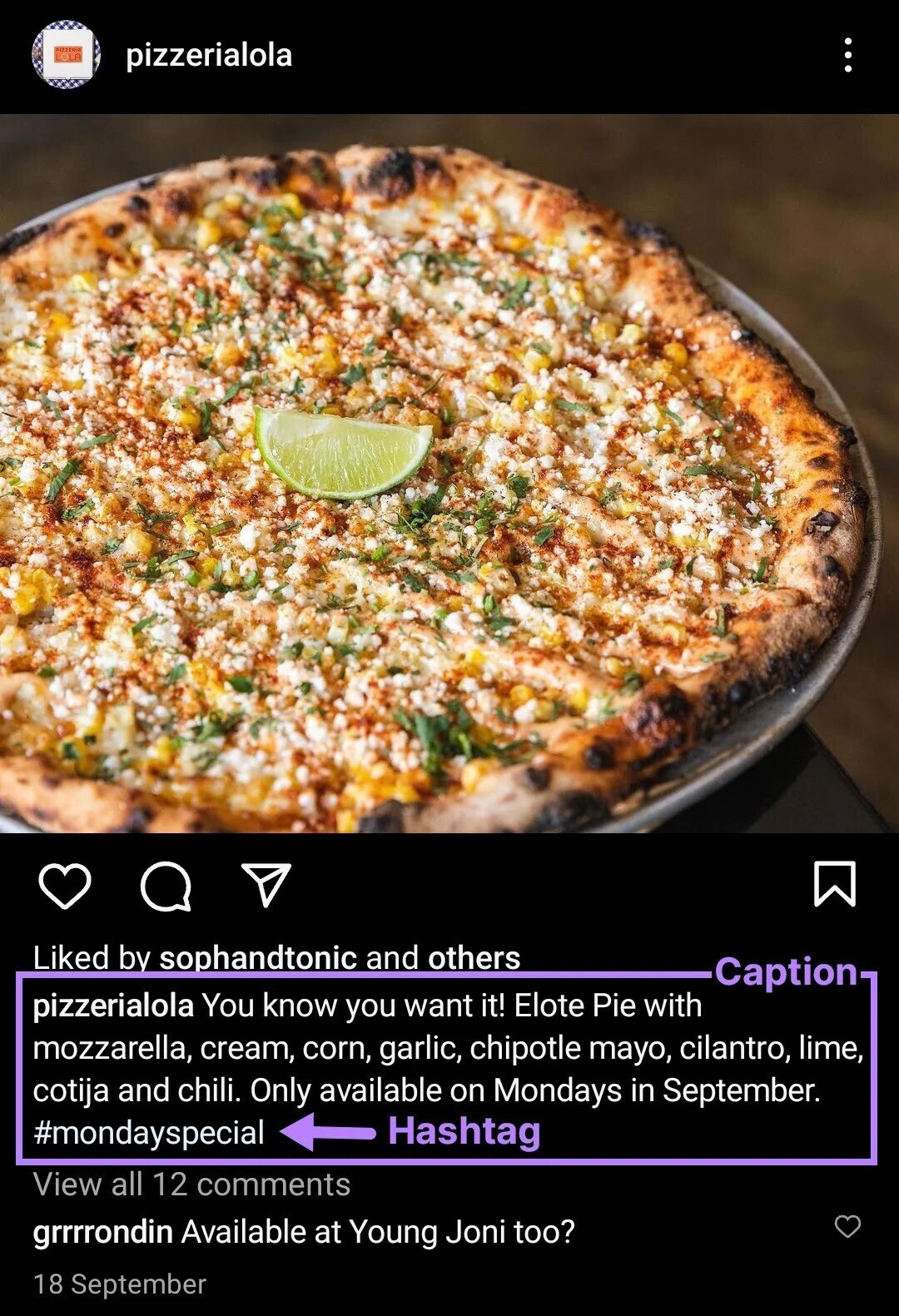 pizzerialola's Instagram post with caption and "#mondayspecial" hashtag